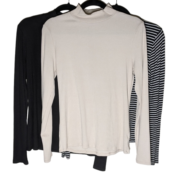 Basics Layering Mock Neck Long Sleeve Bundle with Cream, Black, & Striped Tees - Picture 5 of 6